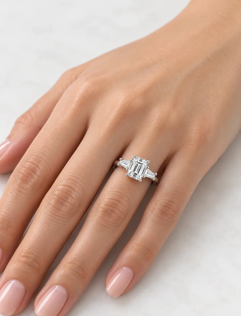 Platinum Lab IGI Emerald-Cut Three-Stone Engagement Ring with Tapered Baguette Side Stones