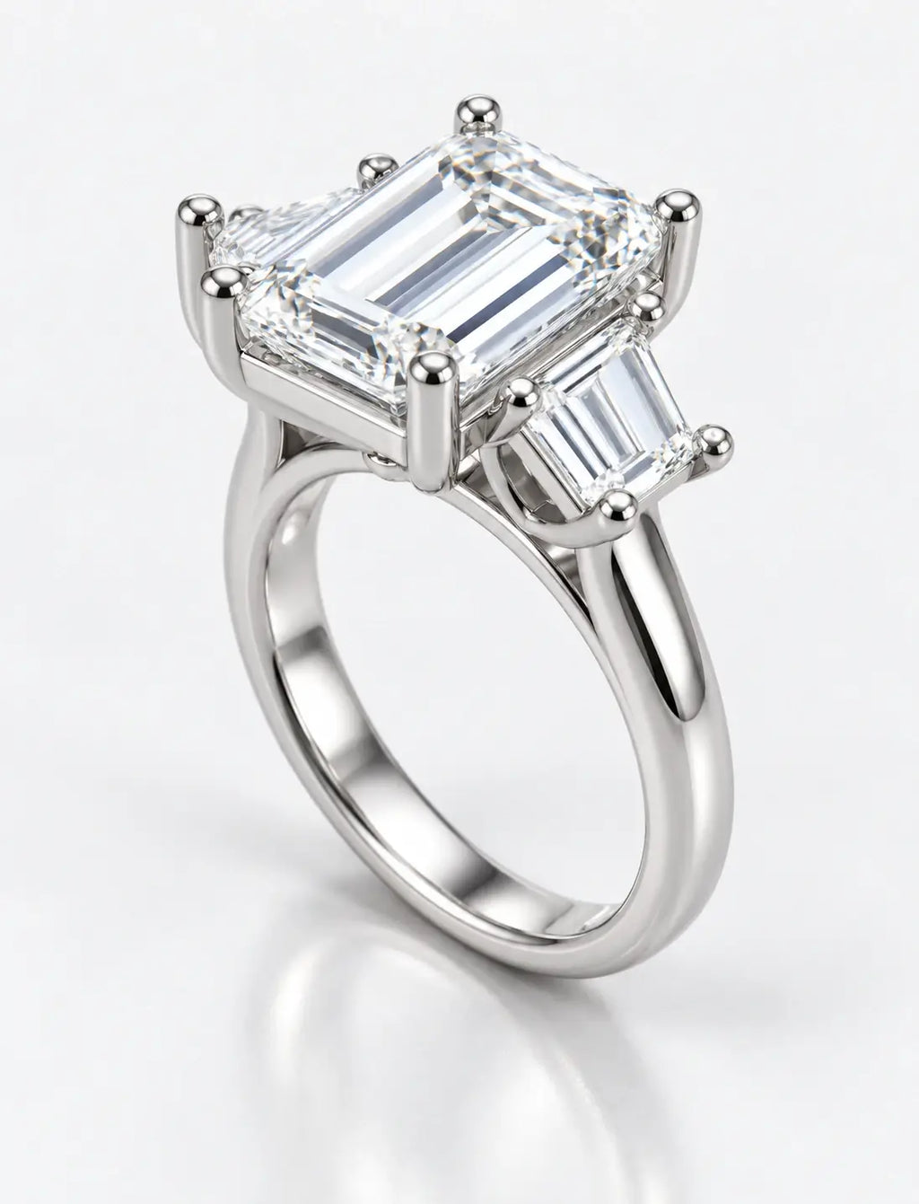 IGI Lab Grown 1.92Ct Emerald Diamond Claw Set Trilogy Engagement Ring in Platinum