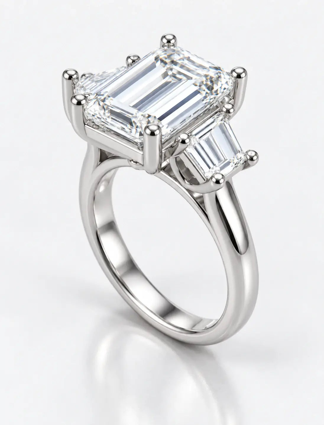 IGI Lab Grown 1.92Ct Emerald Diamond Claw Set Trilogy Engagement Ring in Platinum