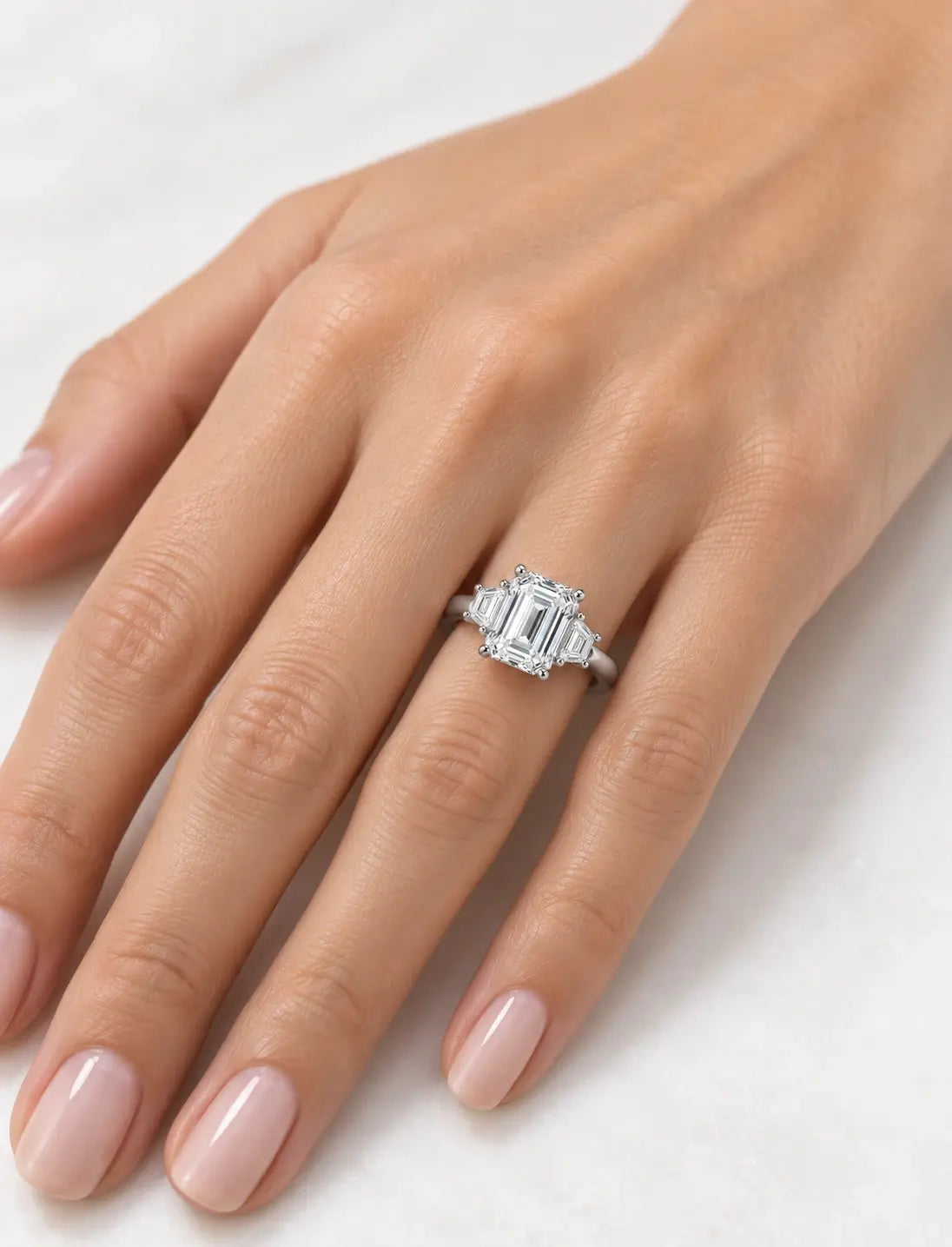 IGI Lab Grown 1.92Ct Emerald Diamond Claw Set Trilogy Engagement Ring in Platinum