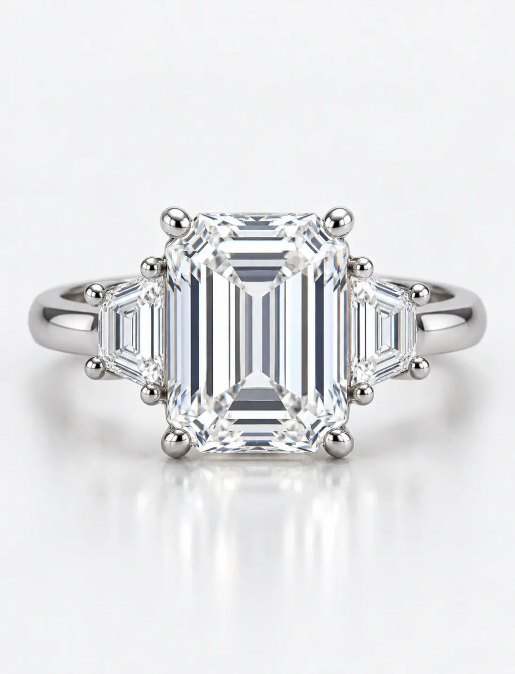 IGI Lab Grown 1.92Ct Emerald Diamond Claw Set Trilogy Engagement Ring in Platinum