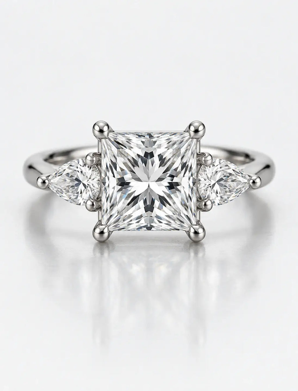6.15 Ct IGI Certified Lab Grown Princess Diamond with side Pear Diamond Trilogy Engagement Ring in Platinum