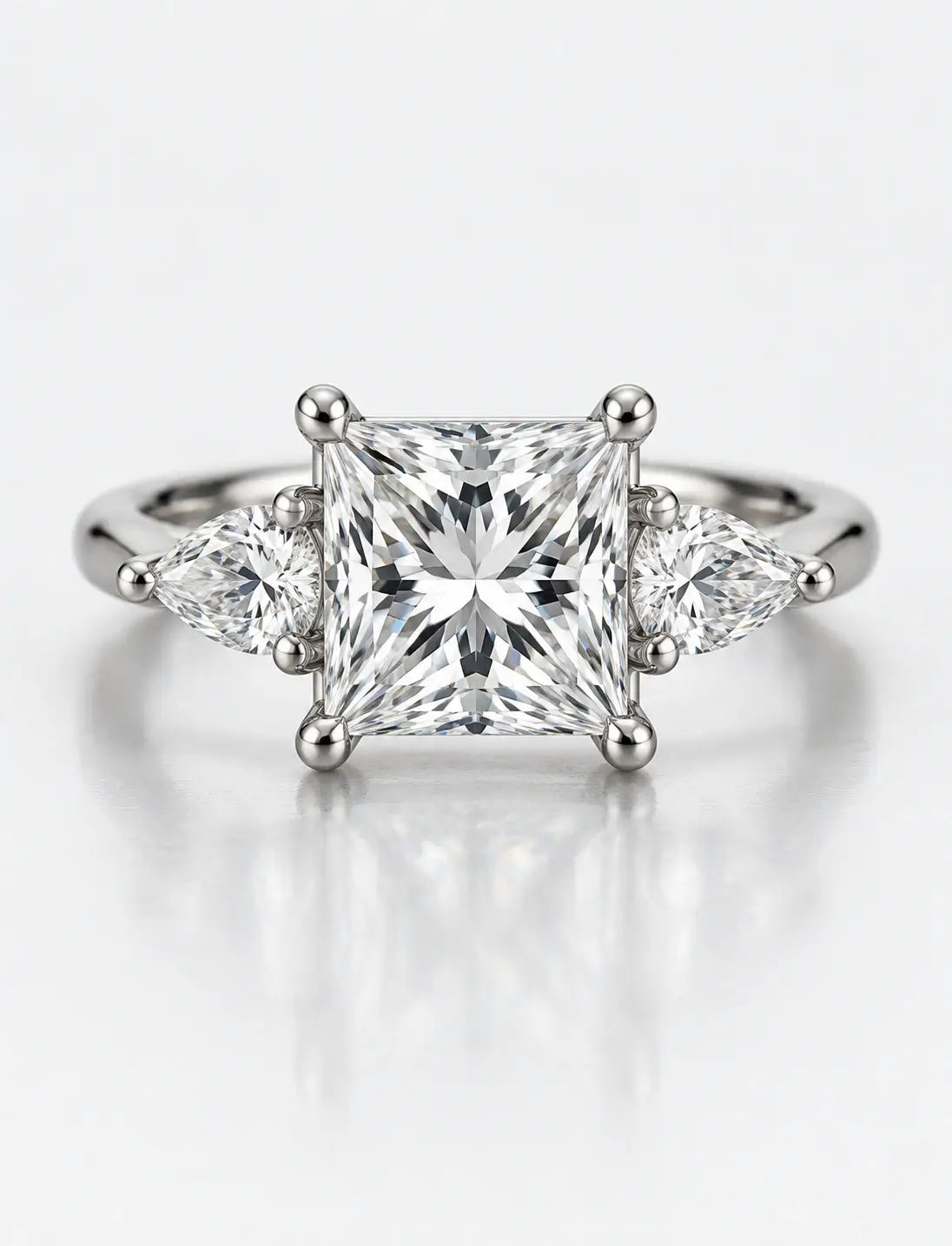 6.15 Ct IGI Certified Lab Grown Princess Diamond with side Pear Diamond Trilogy Engagement Ring in Platinum