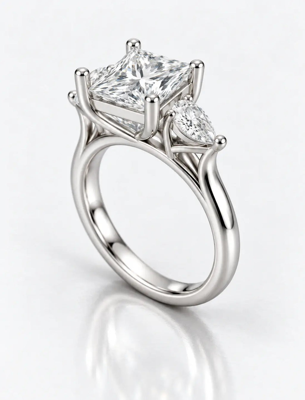 6.15 Ct IGI Certified Lab Grown Princess Diamond with side Pear Diamond Trilogy Engagement Ring in Platinum
