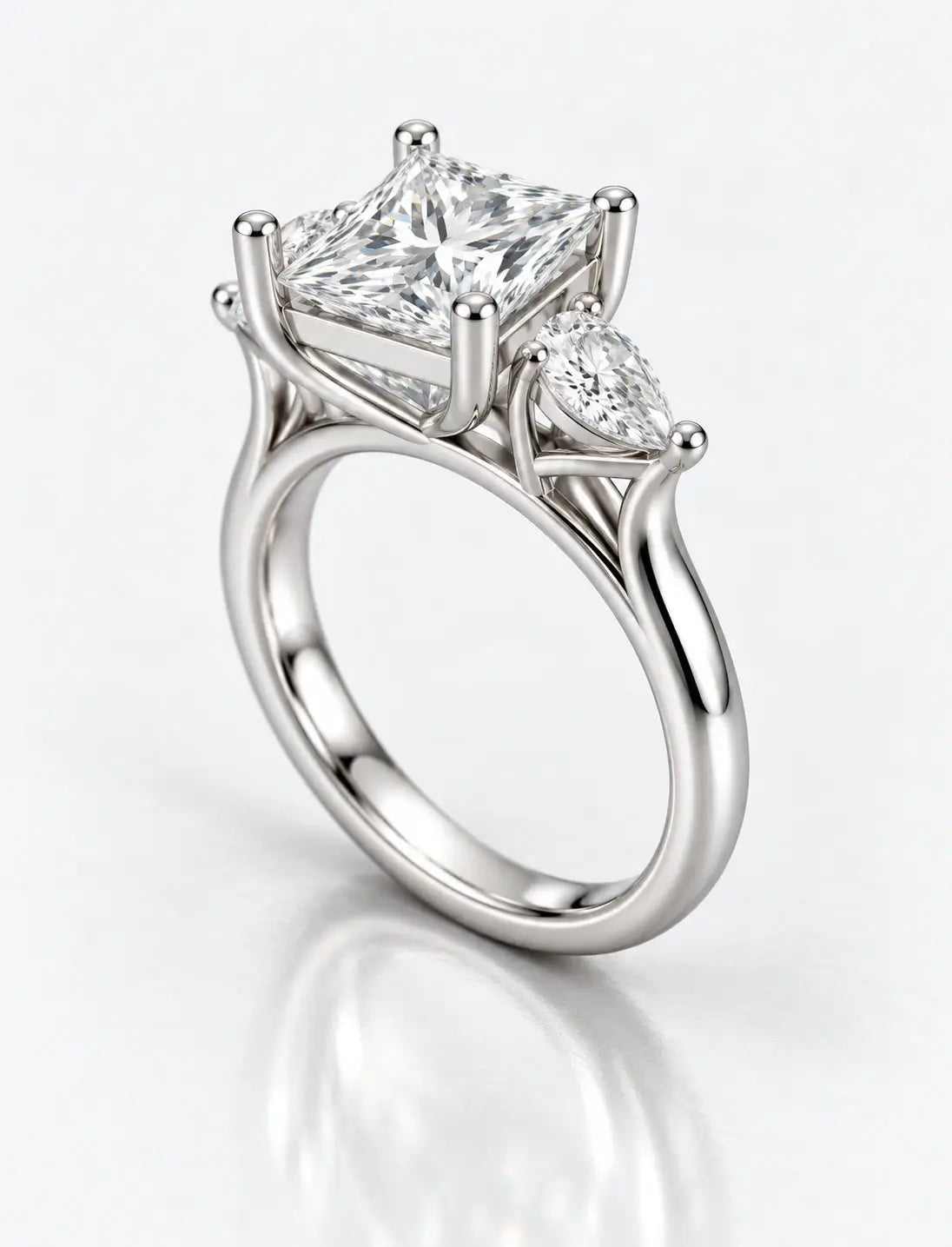6.15 Ct IGI Certified Lab Grown Princess Diamond with side Pear Diamond Trilogy Engagement Ring in Platinum