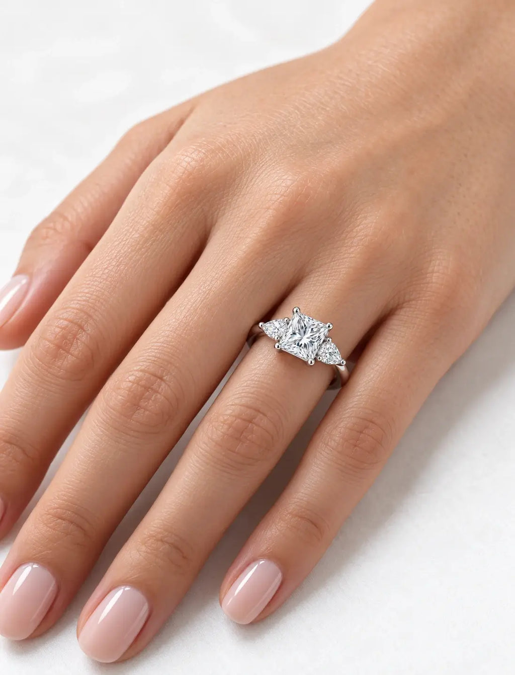 6.15 Ct IGI Certified Lab Grown Princess Diamond with side Pear Diamond Trilogy Engagement Ring in Platinum