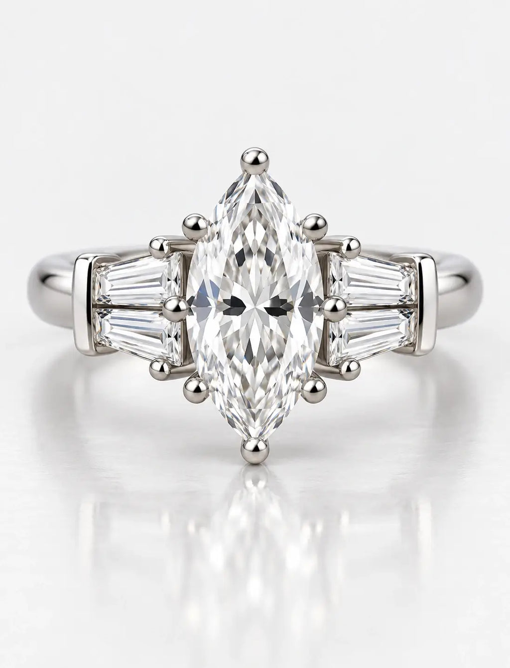 IGI Certified Lab Grown Marquise with side Baguette Tapper Diamond Engagement Ring in Platinum