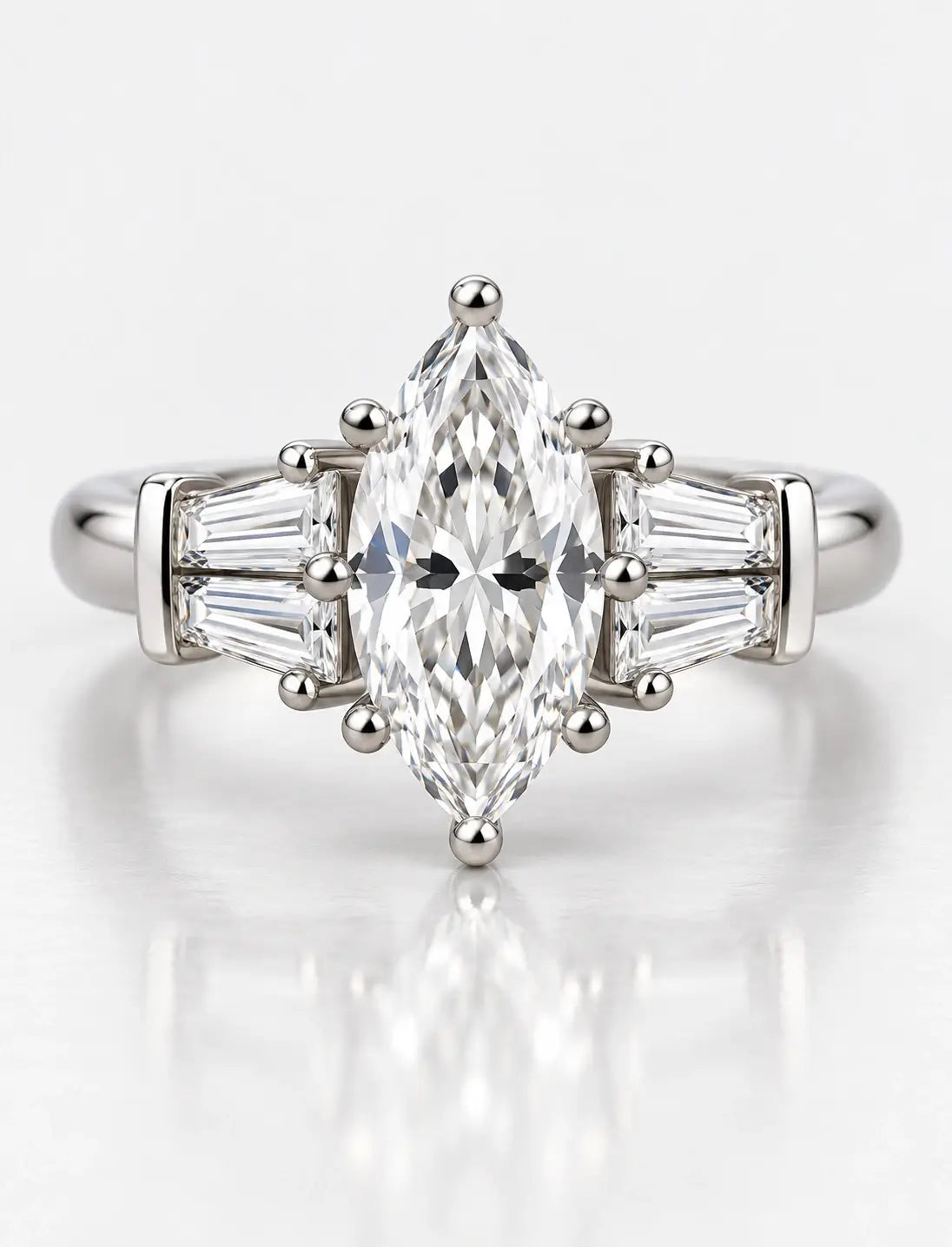 IGI Certified Lab Grown Marquise with side Baguette Tapper Diamond Engagement Ring in Platinum