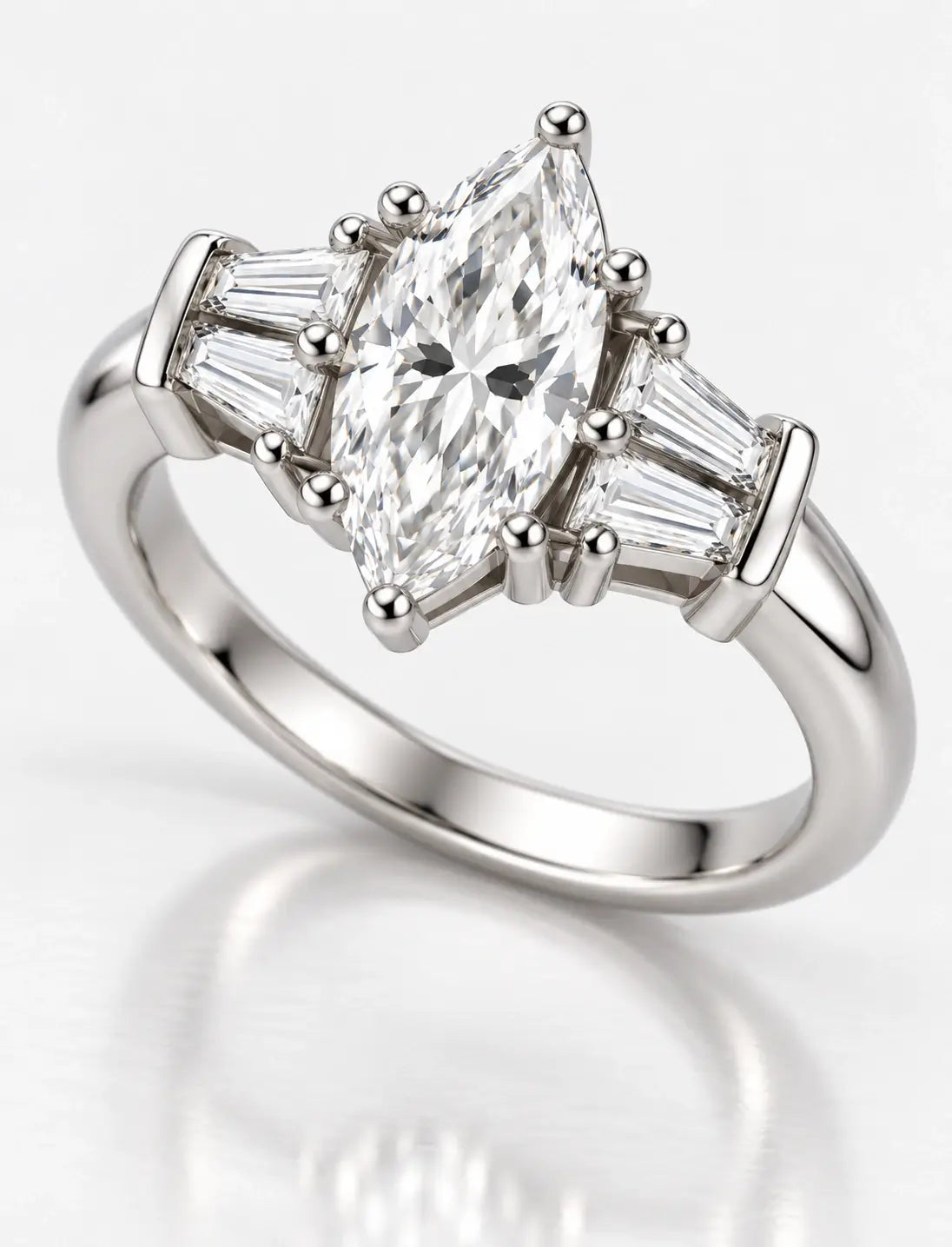 IGI Certified Lab Grown Marquise with side Baguette Tapper Diamond Engagement Ring in Platinum
