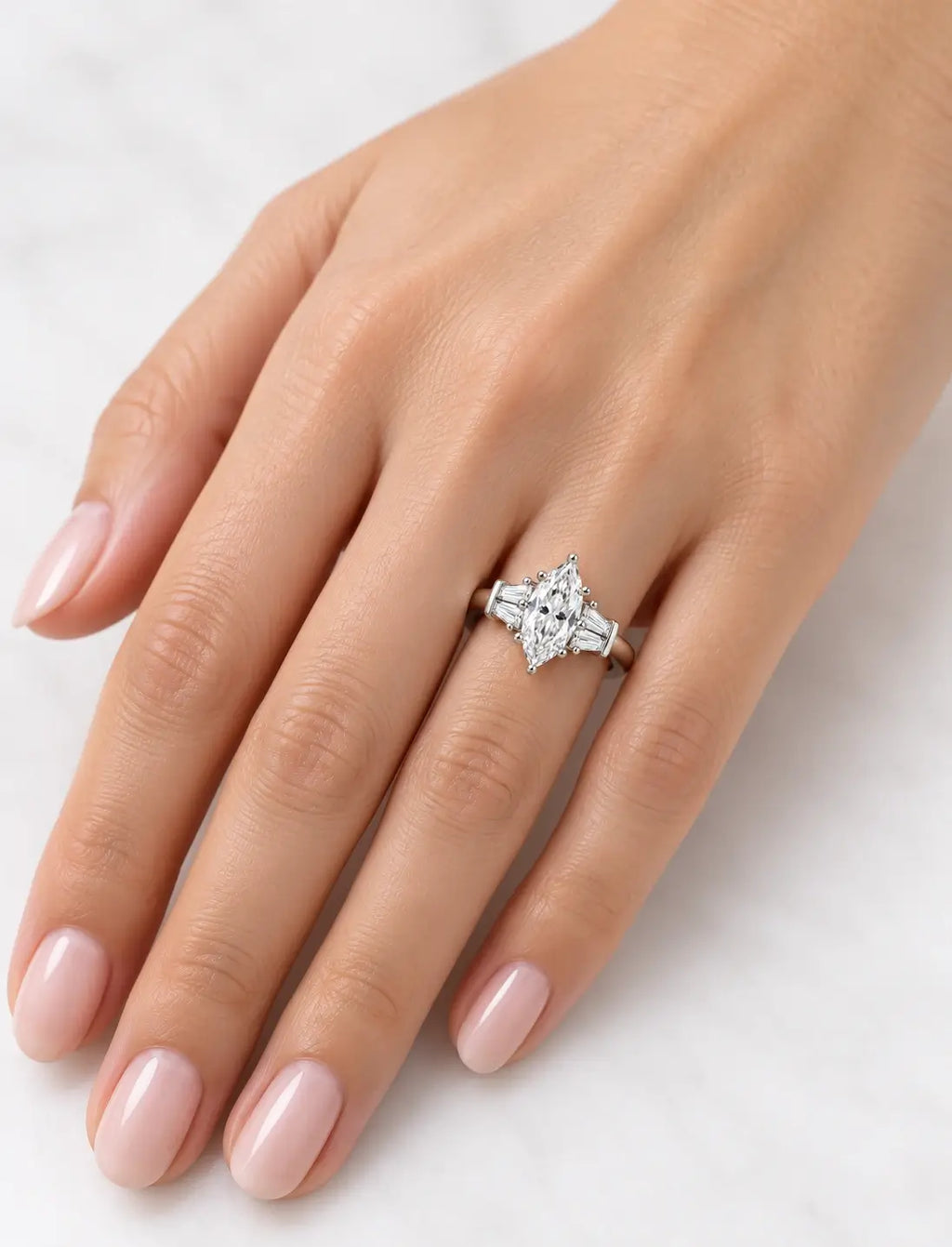 IGI Certified Lab Grown Marquise with side Baguette Tapper Diamond Engagement Ring in Platinum