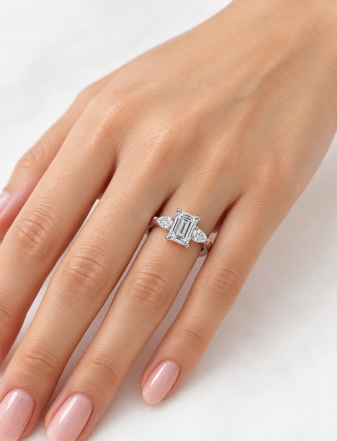 Women's IGI Certified Lab Grown Emerald & Pear Three Stone Engagement Ring in Platinum