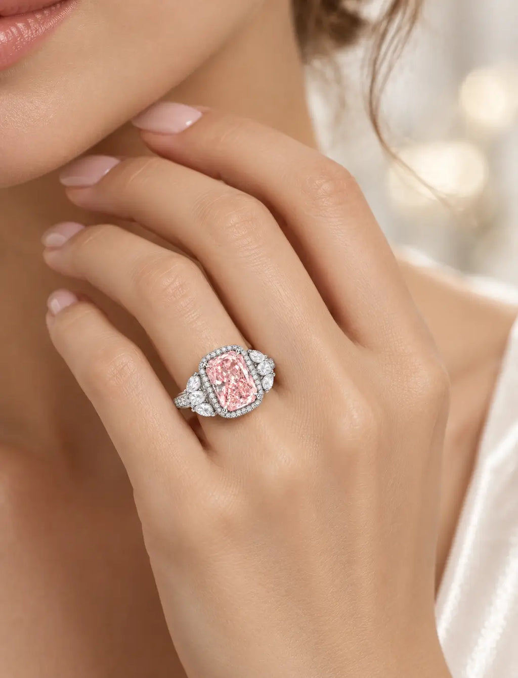 9.00 Carat IGI Certified Lab Grown Diamond Fancy Pink Cushion with side Pear Diamond Hiddin Halo Engagement Ring in Platinum