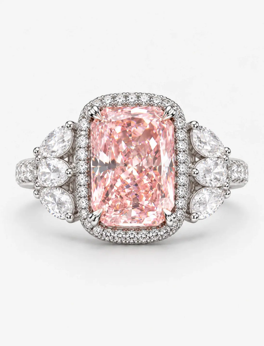 9.00 Carat IGI Certified Lab Grown Diamond Fancy Pink Cushion with side Pear Diamond Hiddin Halo Engagement Ring in Platinum