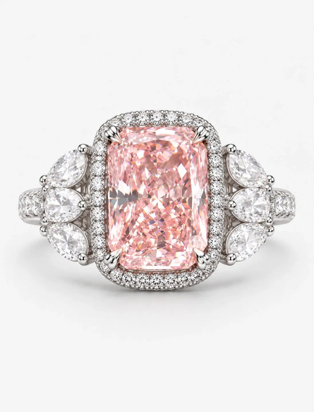 9.00 Carat IGI Certified Lab Grown Diamond Fancy Pink Cushion with side Pear Diamond Hiddin Halo Engagement Ring in Platinum