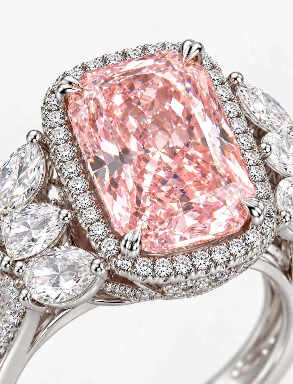9.00 Carat IGI Certified Lab Grown Diamond Fancy Pink Cushion with side Pear Diamond Hiddin Halo Engagement Ring in Platinum