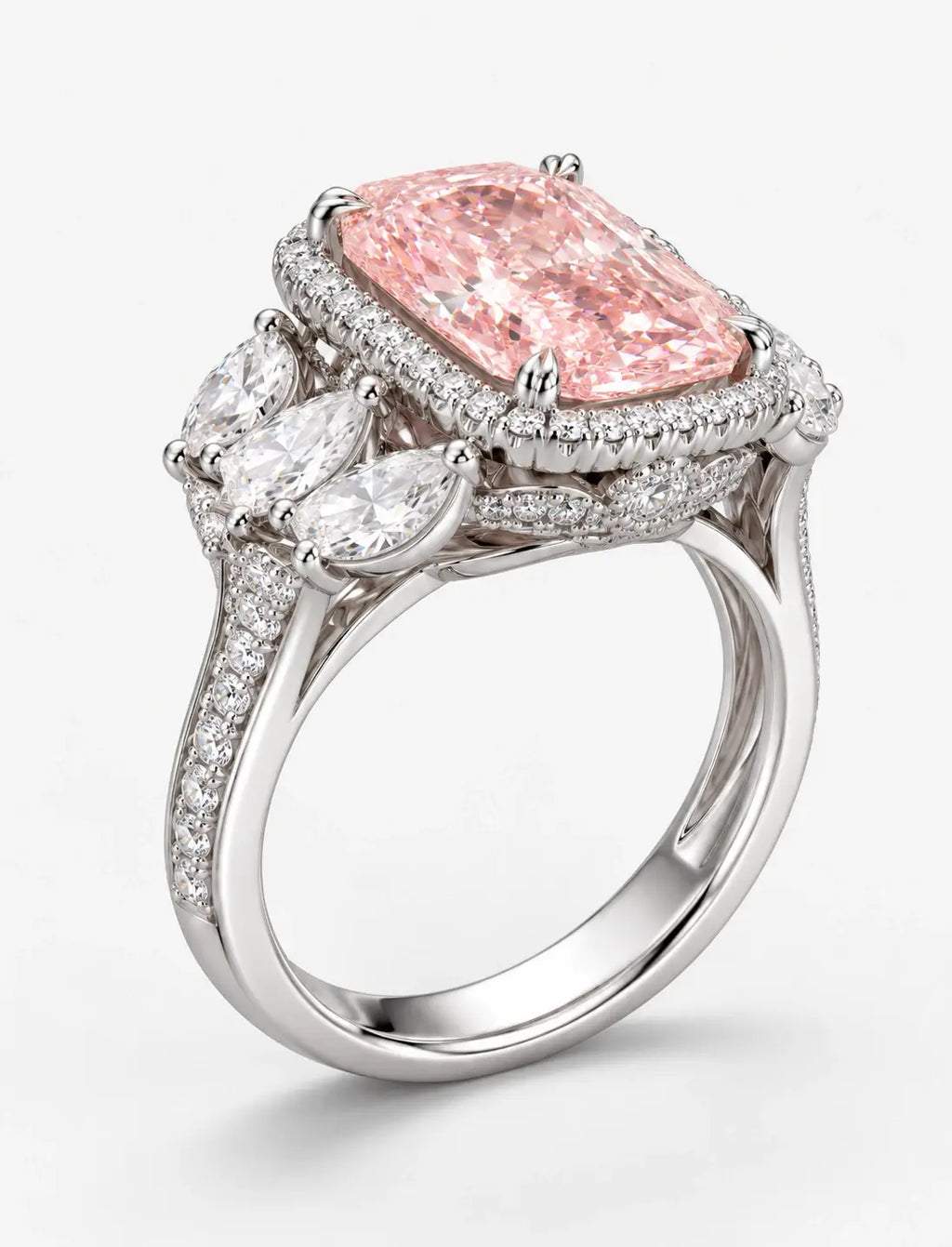 9.00 Carat IGI Certified Lab Grown Diamond Fancy Pink Cushion with side Pear Diamond Hiddin Halo Engagement Ring in Platinum