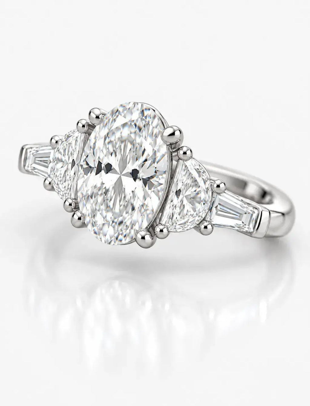IGI Certified Lab Grown Diamond 2.44 Carat Oval with side Tapper & Half Moon Diamond Engagement Ring in Platinum