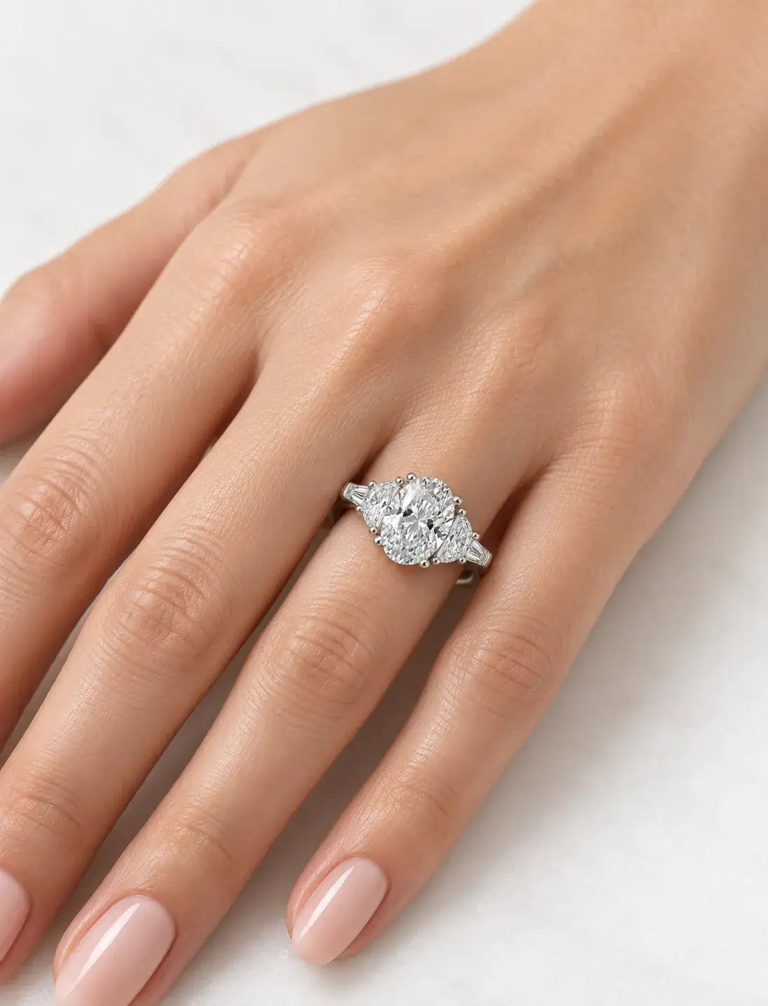 IGI Certified Lab Grown Diamond 2.44 Carat Oval with side Tapper & Half Moon Diamond Engagement Ring in Platinum