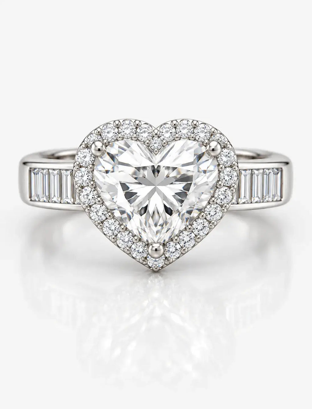IGI Certified Lab Grown Diamond Heart Shape with side Baguette and Round Diamond Engagement Ring In Platinum