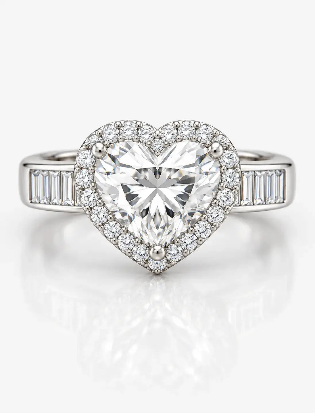 IGI Certified Lab Grown Diamond Heart Shape with side Baguette and Round Diamond Engagement Ring In Platinum