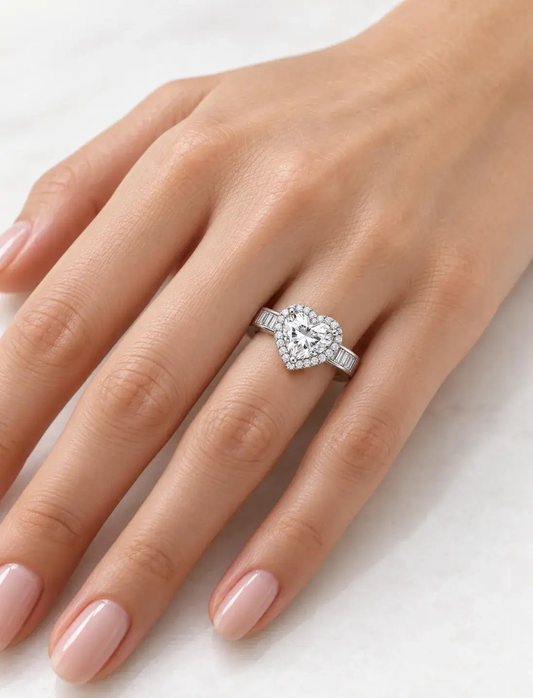 IGI Certified Lab Grown Diamond Heart Shape with side Baguette and Round Diamond Engagement Ring In Platinum