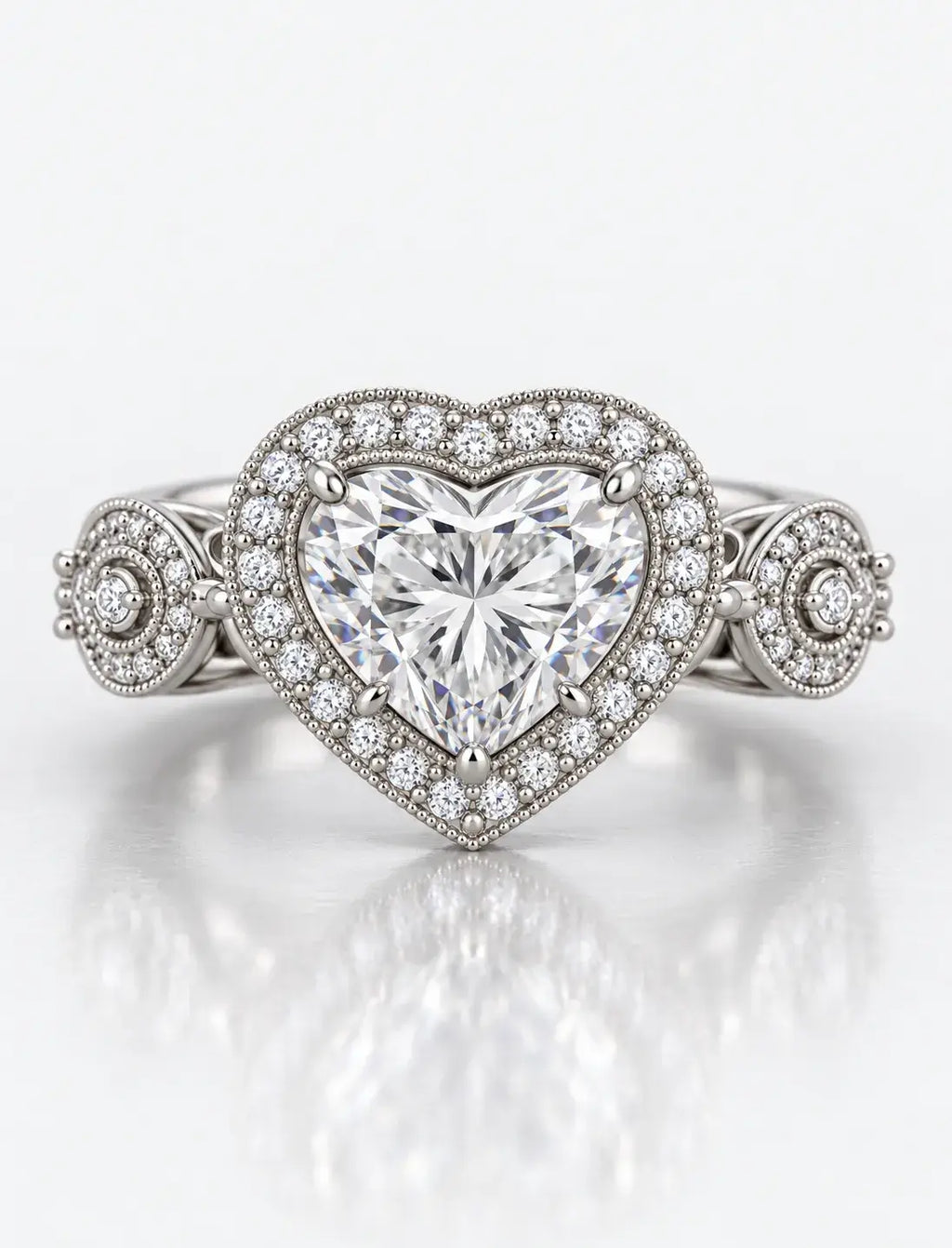 IGI Certified Lab Grown Diamond Heart Shape with side Round Diamond Halo Set Engagement Ring In Platinum