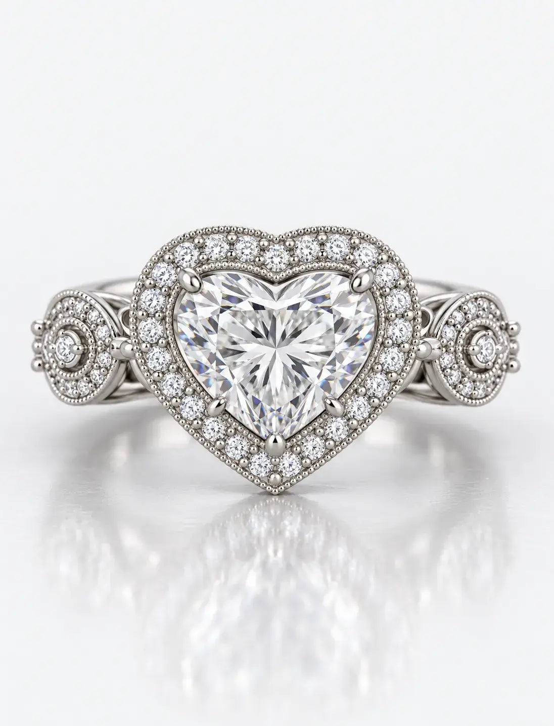 IGI Certified Lab Grown Diamond Heart Shape with side Round Diamond Halo Set Engagement Ring In Platinum
