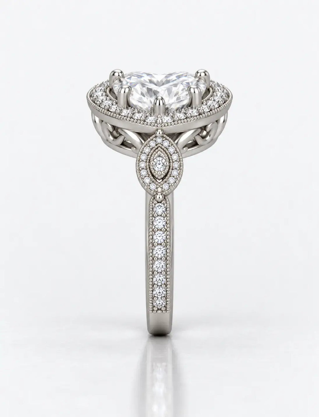 IGI Certified Lab Grown Diamond Heart Shape with side Round Diamond Halo Set Engagement Ring In Platinum