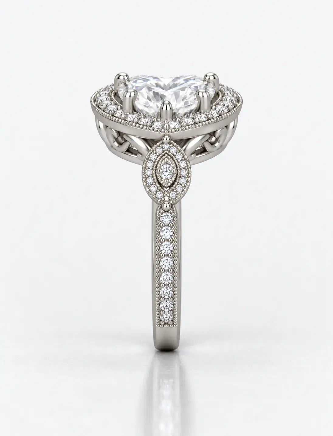 IGI Certified Lab Grown Diamond Heart Shape with side Round Diamond Halo Set Engagement Ring In Platinum