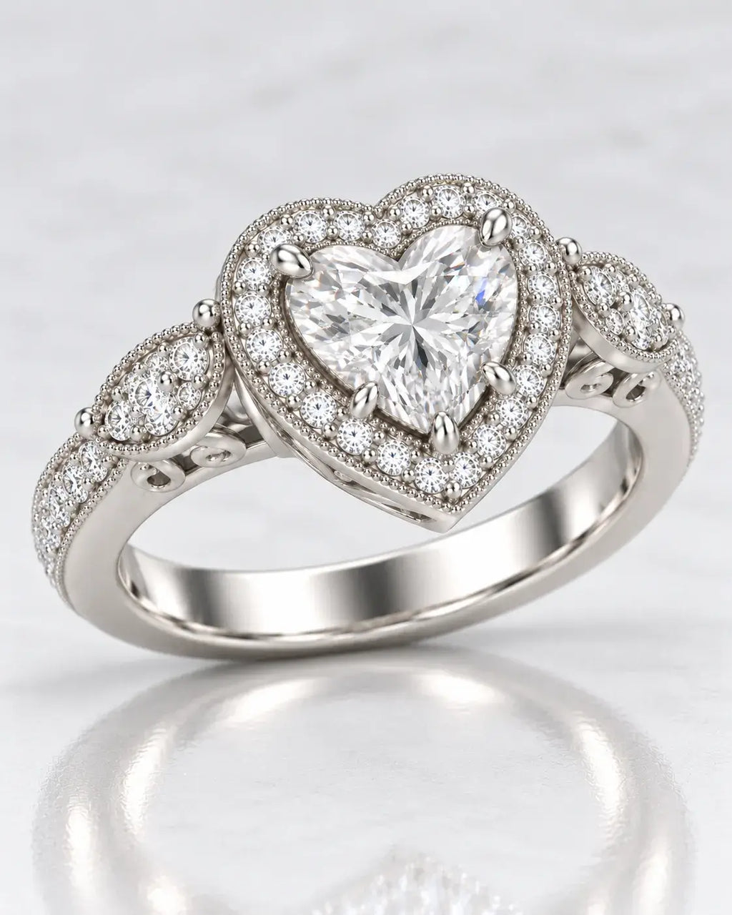IGI Certified Lab Grown Diamond Heart Shape with side Round Diamond Halo Set Engagement Ring In Platinum