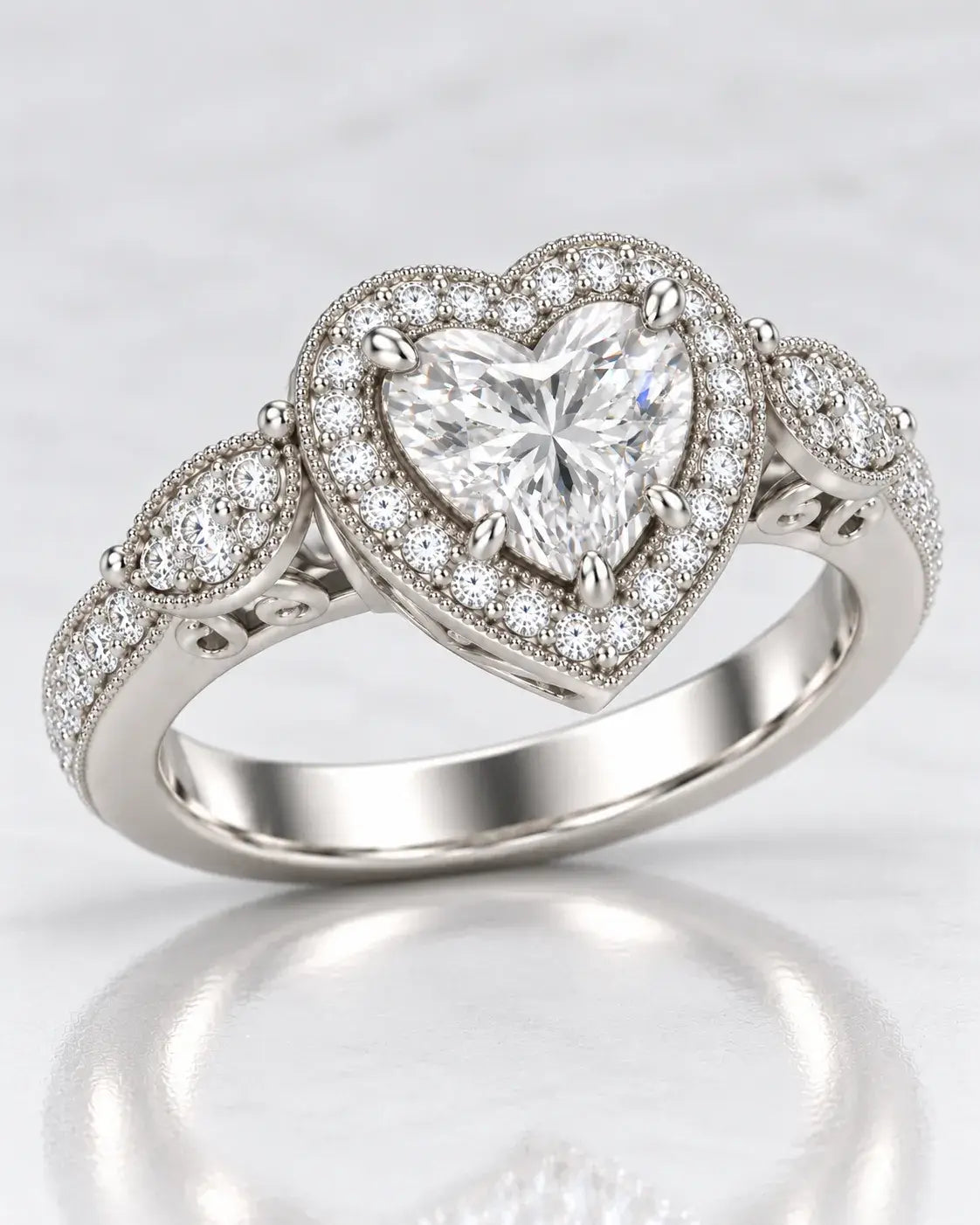 IGI Certified Lab Grown Diamond Heart Shape with side Round Diamond Halo Set Engagement Ring In Platinum