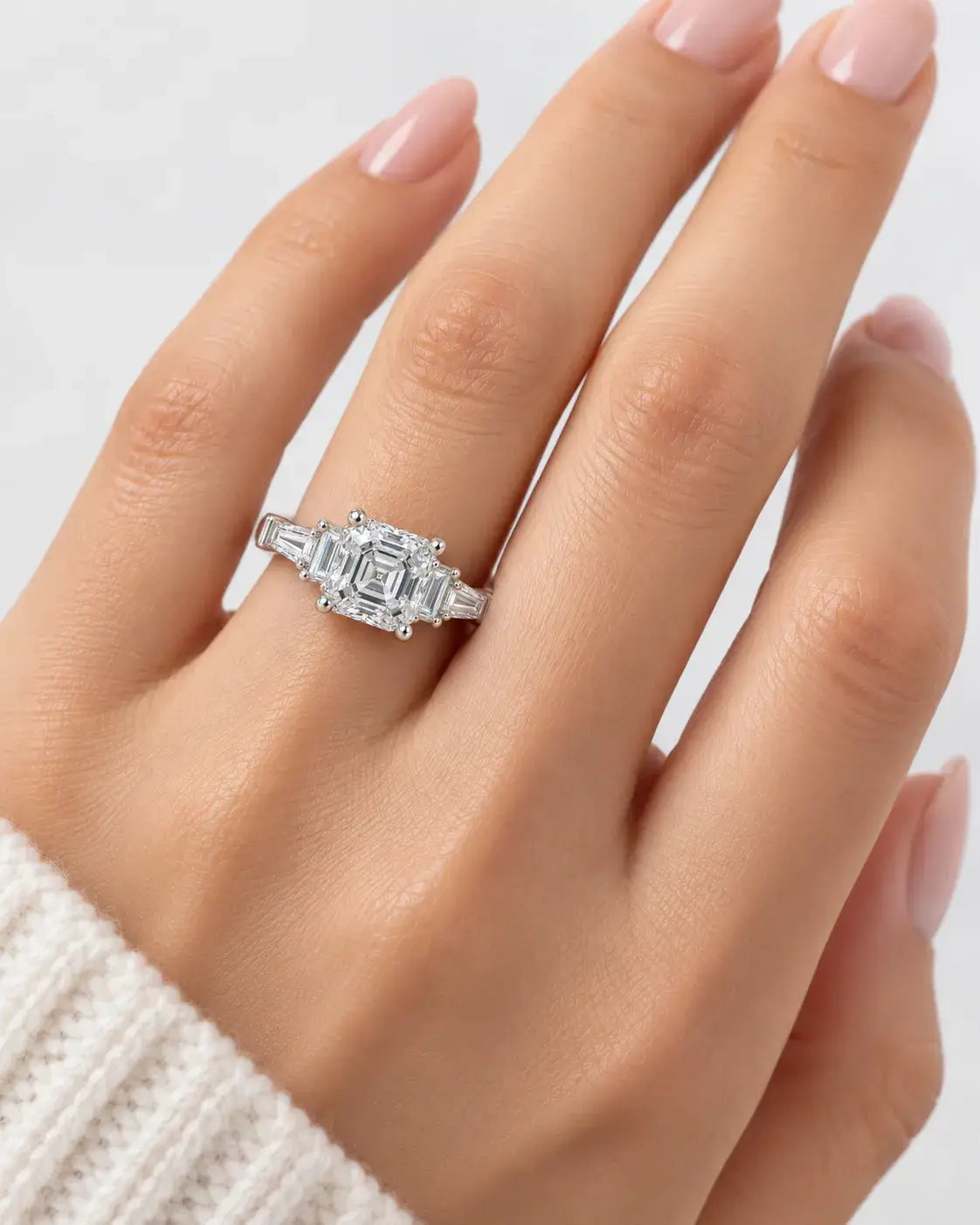 Asscher & Baguette Five Stone Engagement Ring IGI Certified Lab Grown The Step-Cut Elegance Art Deco Style in Platinum
