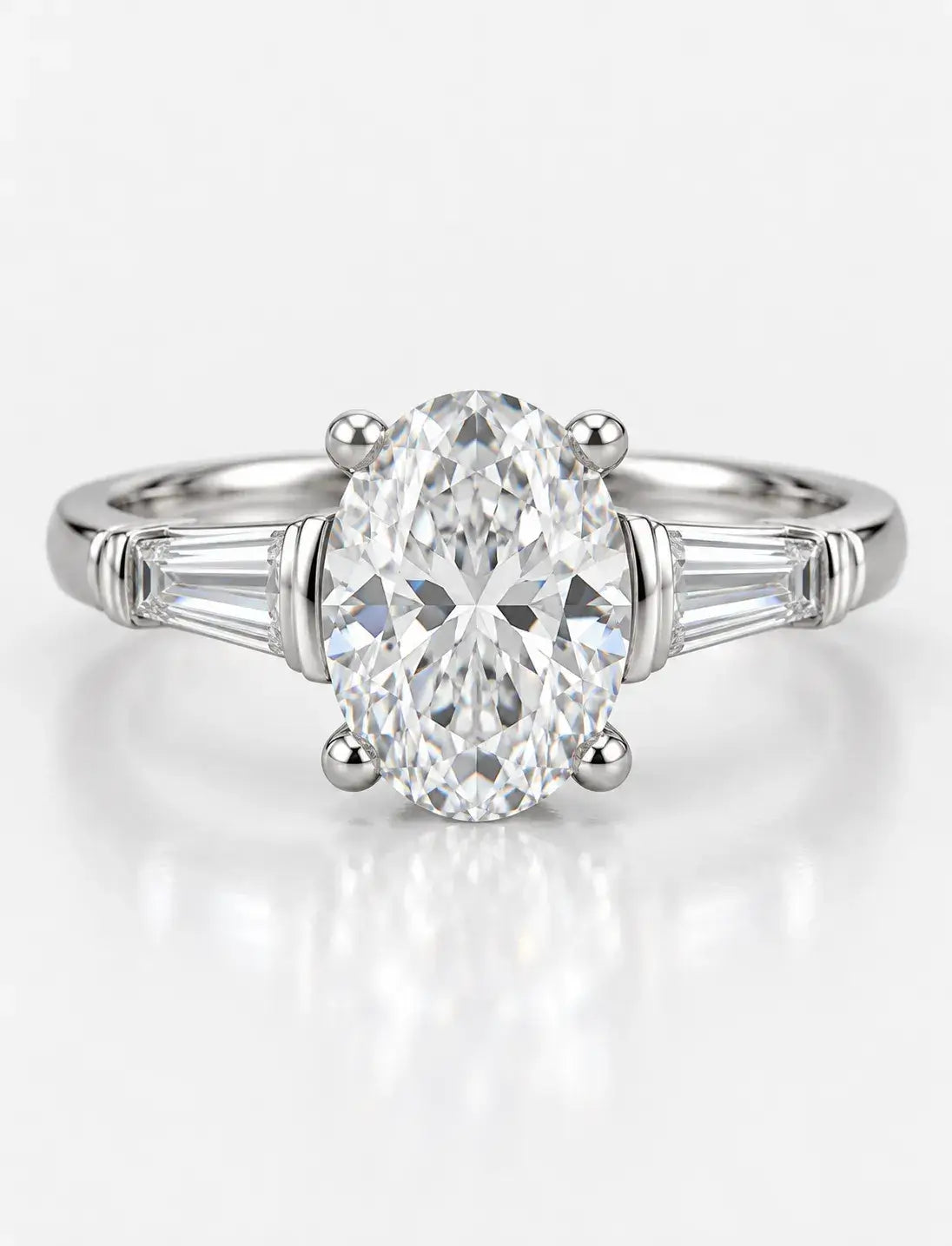 Oval Diamond Engagement Ring 2.10 Carat Baguette Tapper Trilogy IGI Lab Grown Diamond Ring In Platinum