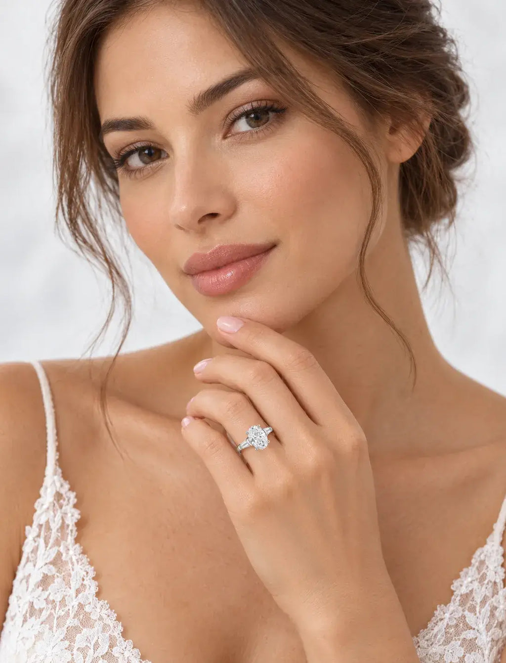 Oval Diamond Engagement Ring 2.10 Carat Baguette Tapper Trilogy IGI Lab Grown Diamond Ring In Platinum