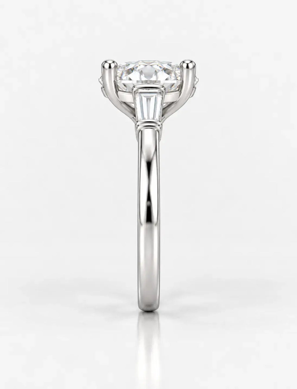 Oval Diamond Engagement Ring 2.10 Carat Baguette Tapper Trilogy IGI Lab Grown Diamond Ring In Platinum