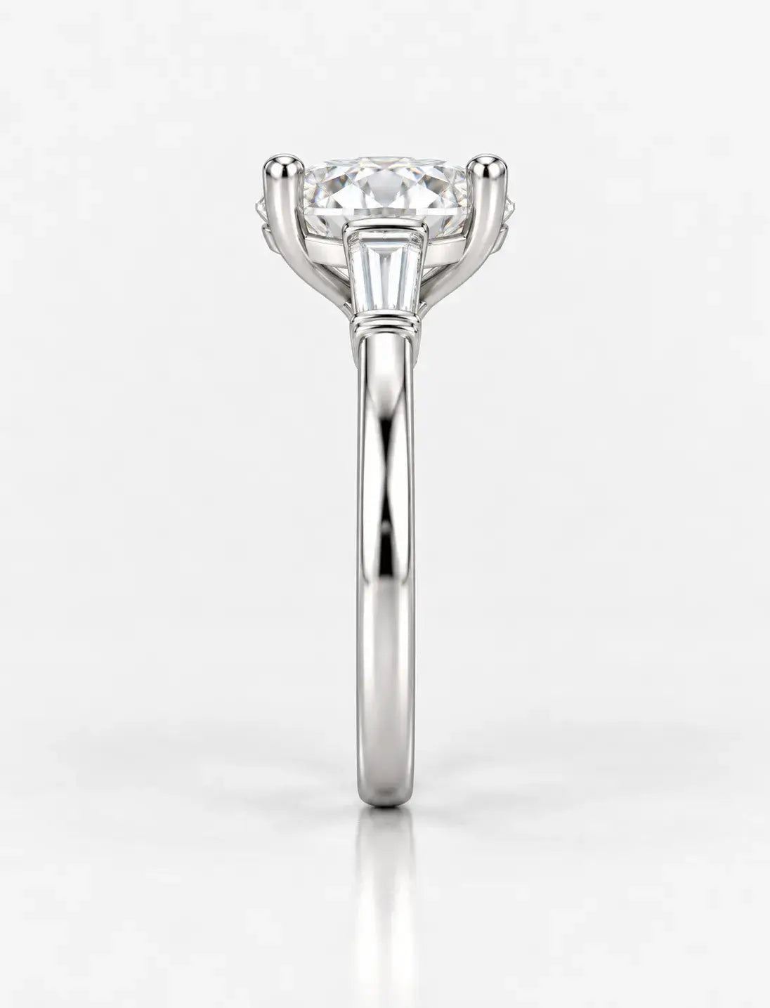 Oval Diamond Engagement Ring 2.10 Carat Baguette Tapper Trilogy IGI Lab Grown Diamond Ring In Platinum