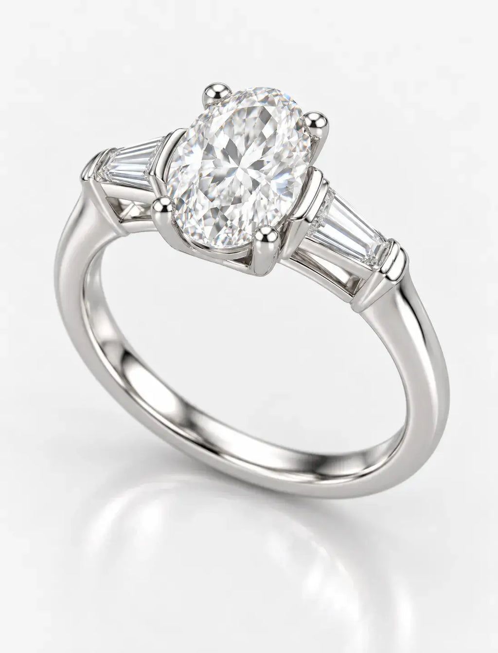 Oval Diamond Engagement Ring 2.10 Carat Baguette Tapper Trilogy IGI Lab Grown Diamond Ring In Platinum