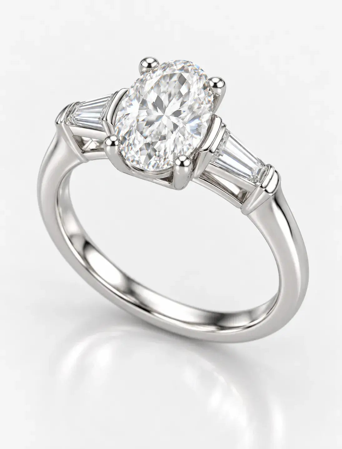 Oval Diamond Engagement Ring 2.10 Carat Baguette Tapper Trilogy IGI Lab Grown Diamond Ring In Platinum