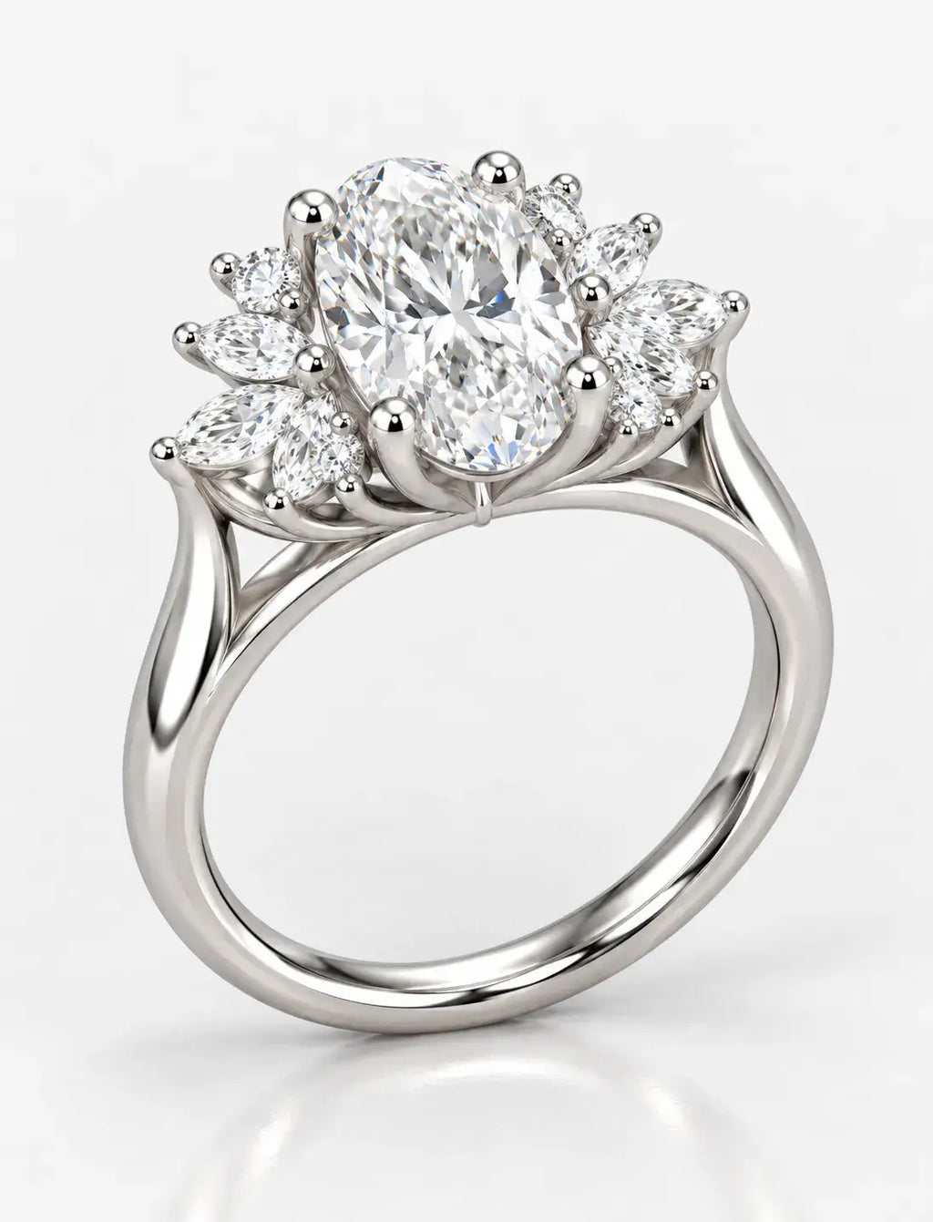 Oval and Marquise Diamond Engagement Ring 1.86 Carat Cluster Ring IGI Certified Lab Grown Ring in Platinum