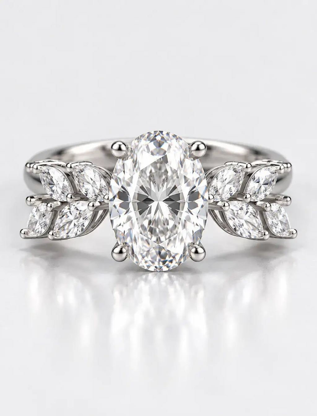 Oval With Marquise Diamond Inspired Diamond Ring 2.26 Carat IGI Lab Grown Leaf Accents Floral Bloom Oval Diamond Ring in Platinum