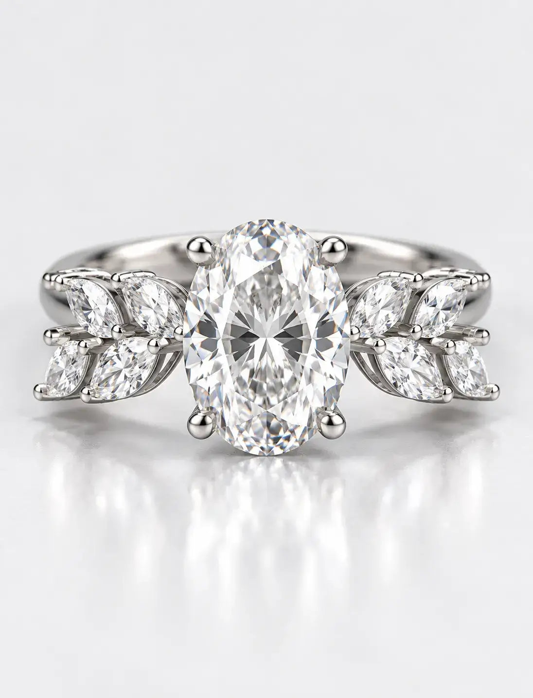 Oval With Marquise Diamond Inspired Diamond Ring 2.26 Carat IGI Lab Grown Leaf Accents Floral Bloom Oval Diamond Ring in Platinum