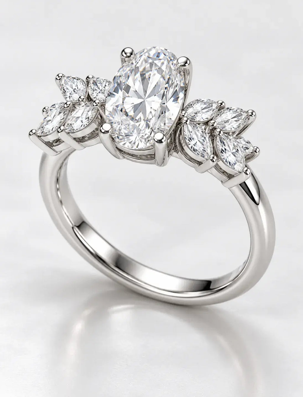 Oval With Marquise Diamond Inspired Diamond Ring 2.26 Carat IGI Lab Grown Leaf Accents Floral Bloom Oval Diamond Ring in Platinum