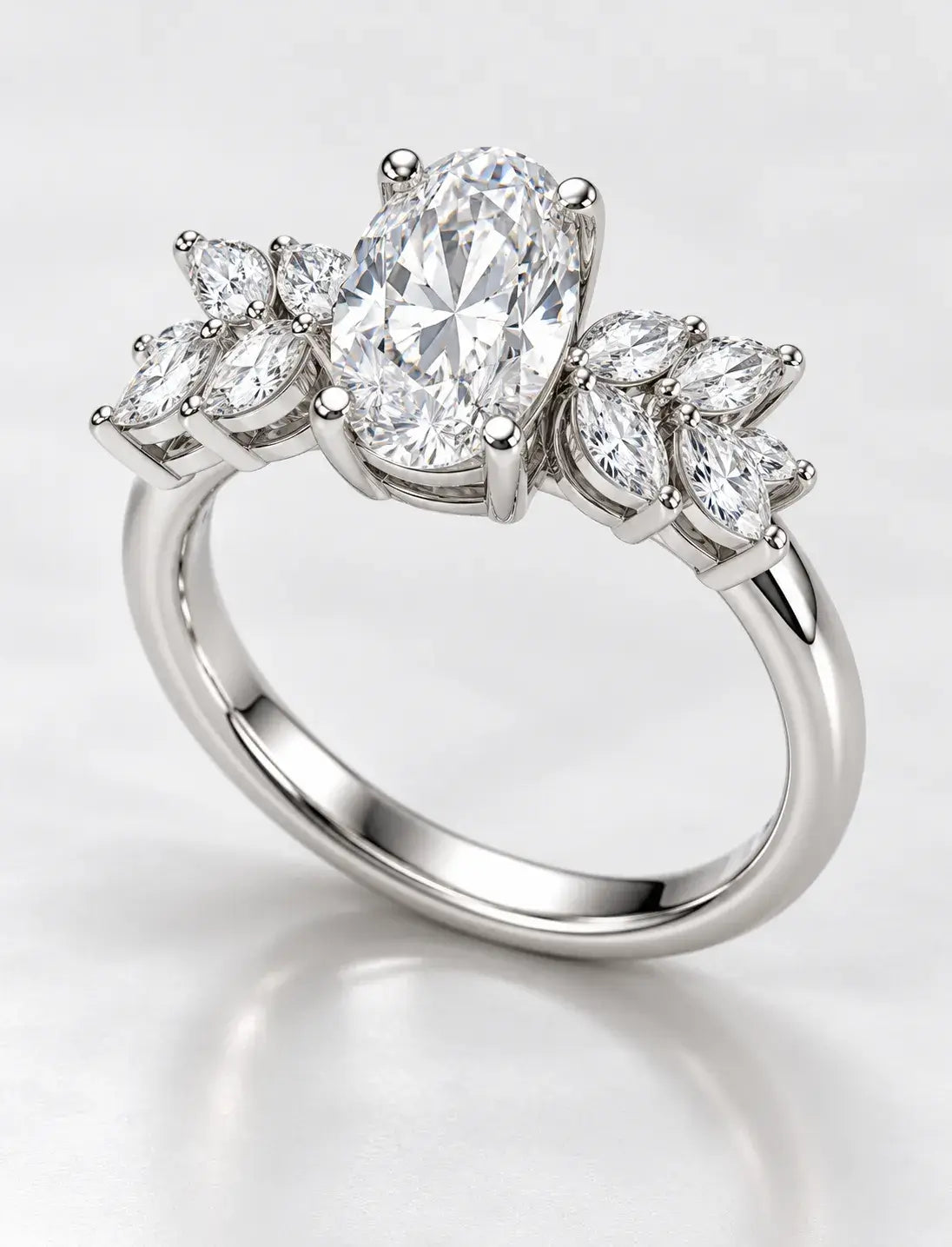 Oval With Marquise Diamond Inspired Diamond Ring 2.26 Carat IGI Lab Grown Leaf Accents Floral Bloom Oval Diamond Ring in Platinum