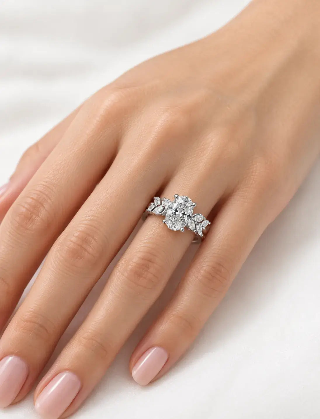 Oval With Marquise Diamond Inspired Diamond Ring 2.26 Carat IGI Lab Grown Leaf Accents Floral Bloom Oval Diamond Ring in Platinum
