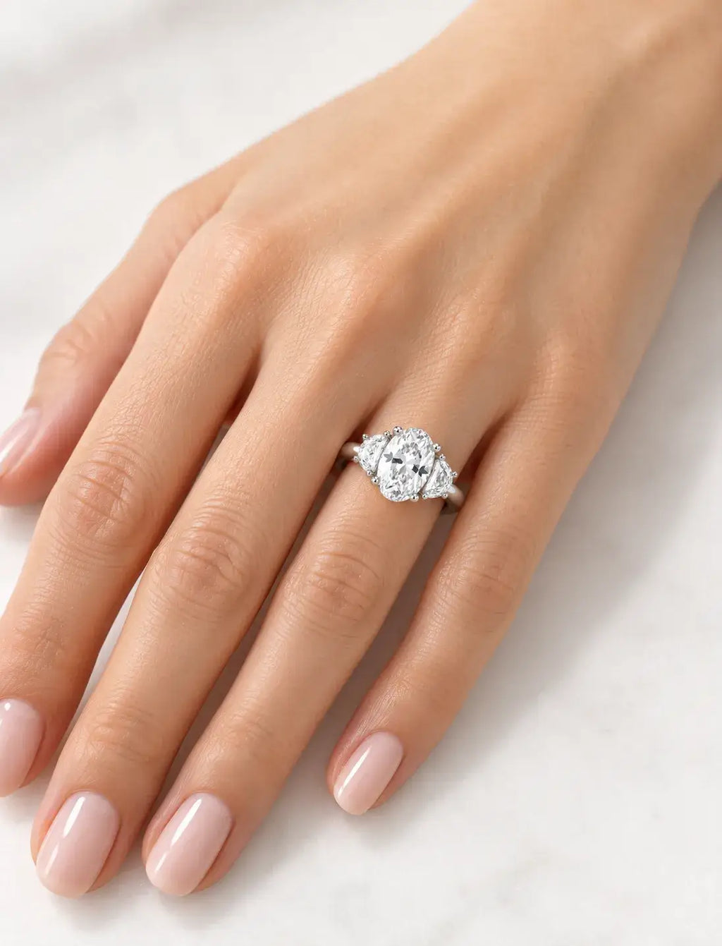 Oval Cut Diamond Three-Stone Engagement Ring IGI Certified Lab Grown Diamond  with Half Moon Trilogy Ring in Platinum