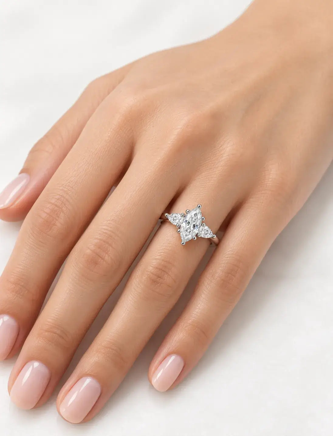 Marquise Cut Diamond Engagement Ring Women's IGI Certified Lab Grown with Side Pear Diamond Trilogy Ring In Platinum