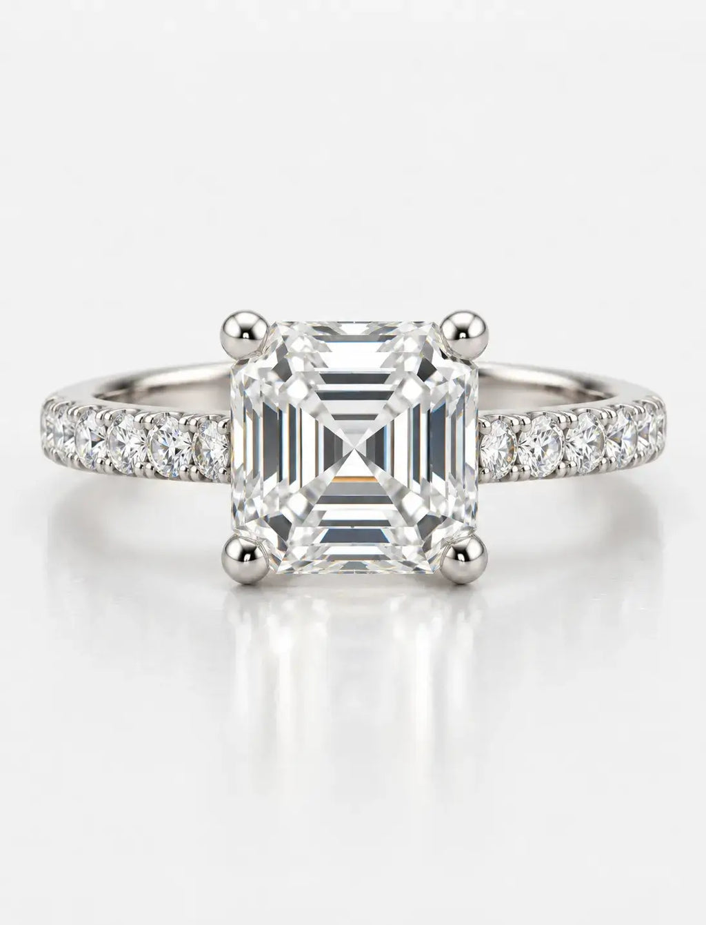 Asscher Cut Diamond Solitaire Ring IGI Certified Lab Grown Ellora Three-Quarter Art Deco-Inspired with Round Pavé Accents in Platinum