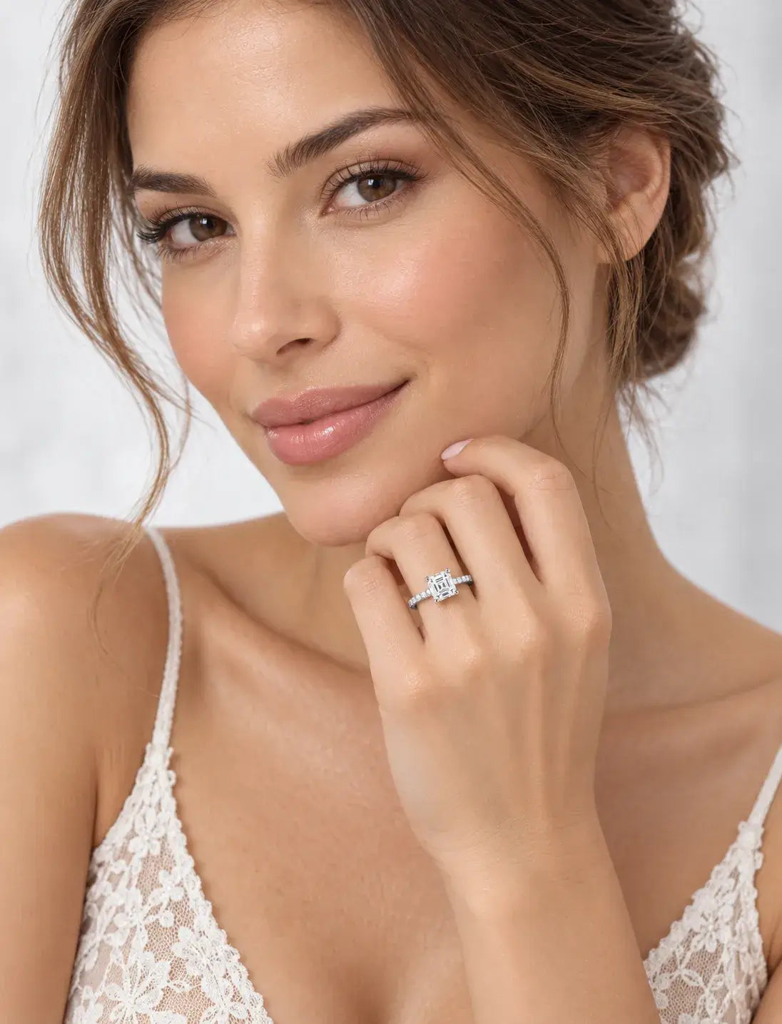 Asscher Cut Diamond Solitaire Ring IGI Certified Lab Grown Ellora Three-Quarter Art Deco-Inspired with Round Pavé Accents in Platinum