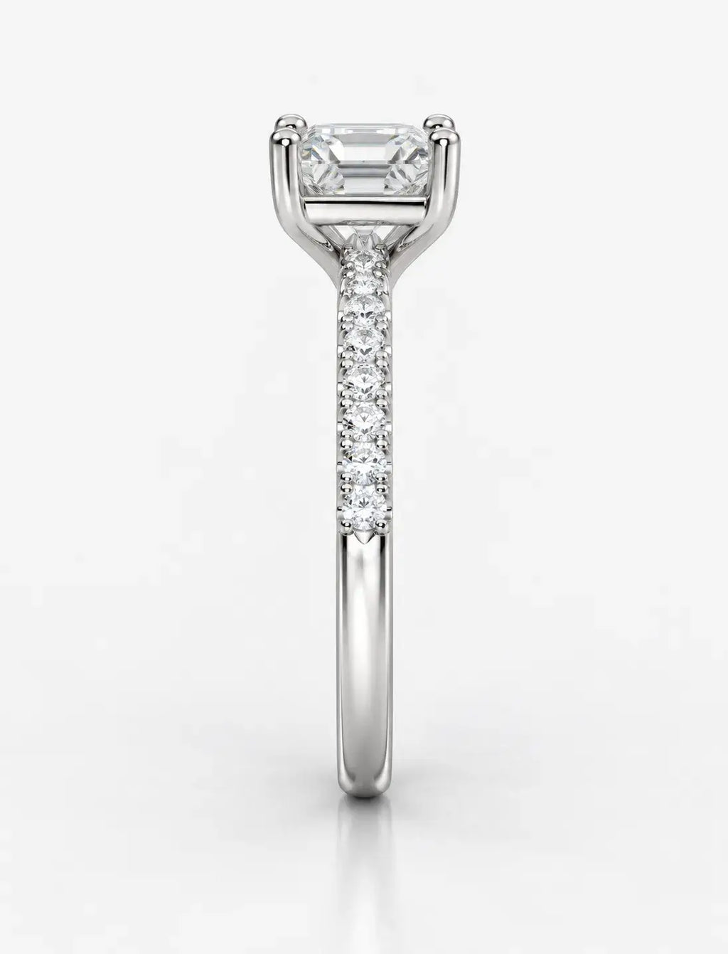 Asscher Cut Diamond Solitaire Ring IGI Certified Lab Grown Ellora Three-Quarter Art Deco-Inspired with Round Pavé Accents in Platinum