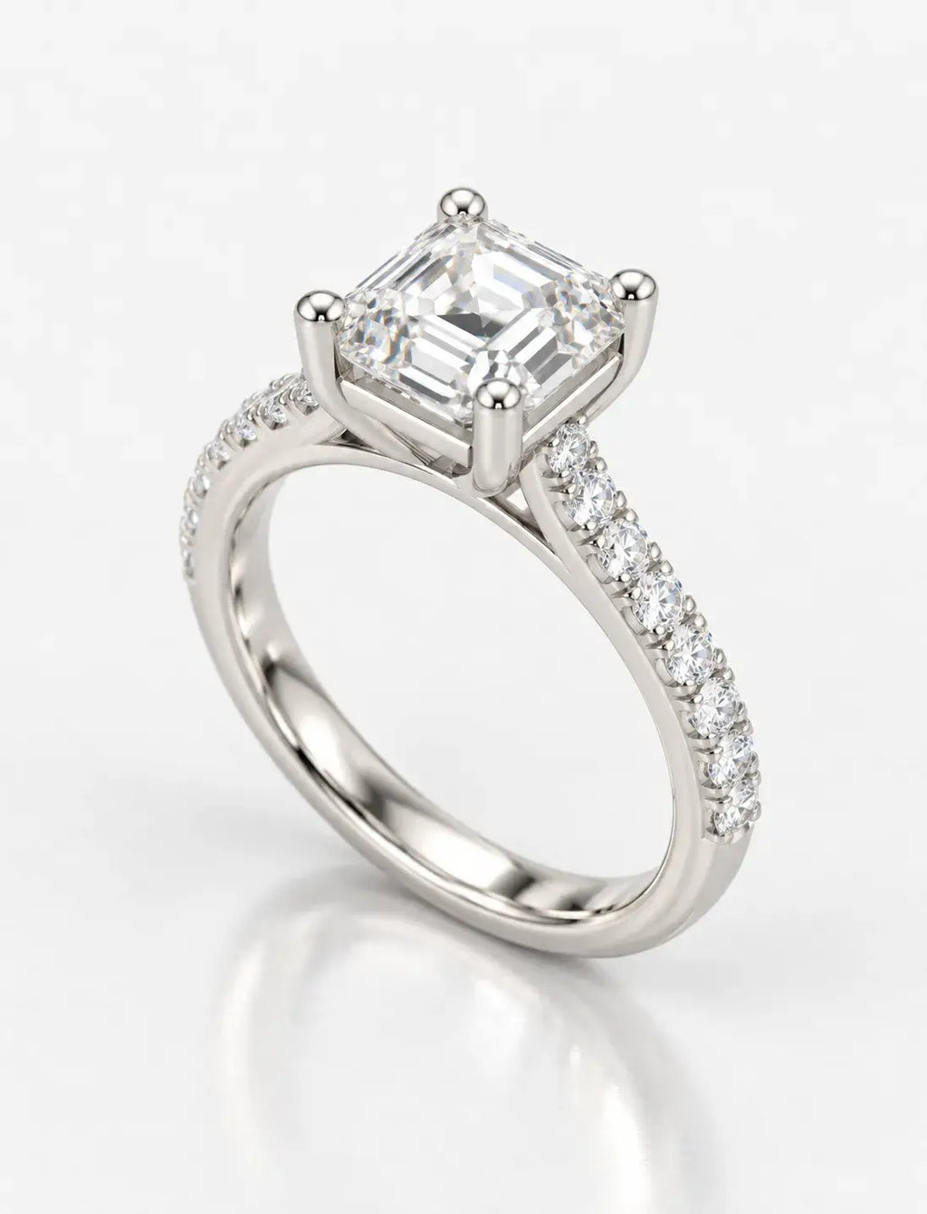 Asscher Cut Diamond Solitaire Ring IGI Certified Lab Grown Ellora Three-Quarter Art Deco-Inspired with Round Pavé Accents in Platinum